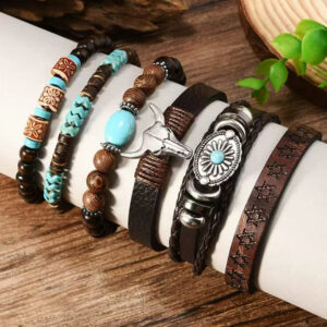 6 pieces set hot selling vintage leather woven bohemian style bracelet accessories manufacturer in stock