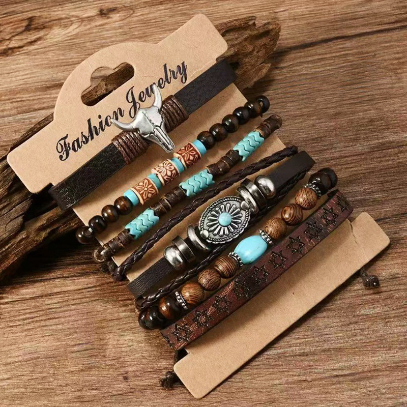 6 pieces set hot selling vintage leather woven bohemian style bracelet accessories manufacturer in stock