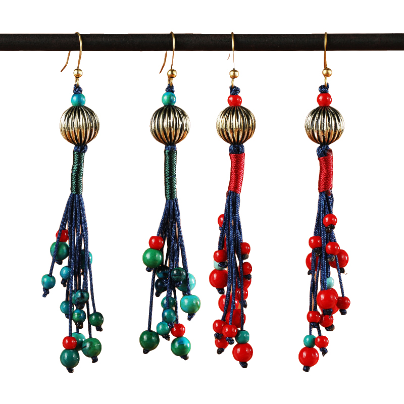 Small niche design woven tassel earrings retro ethnic style personalized long earrings red ancient style Hanfu earrings for women