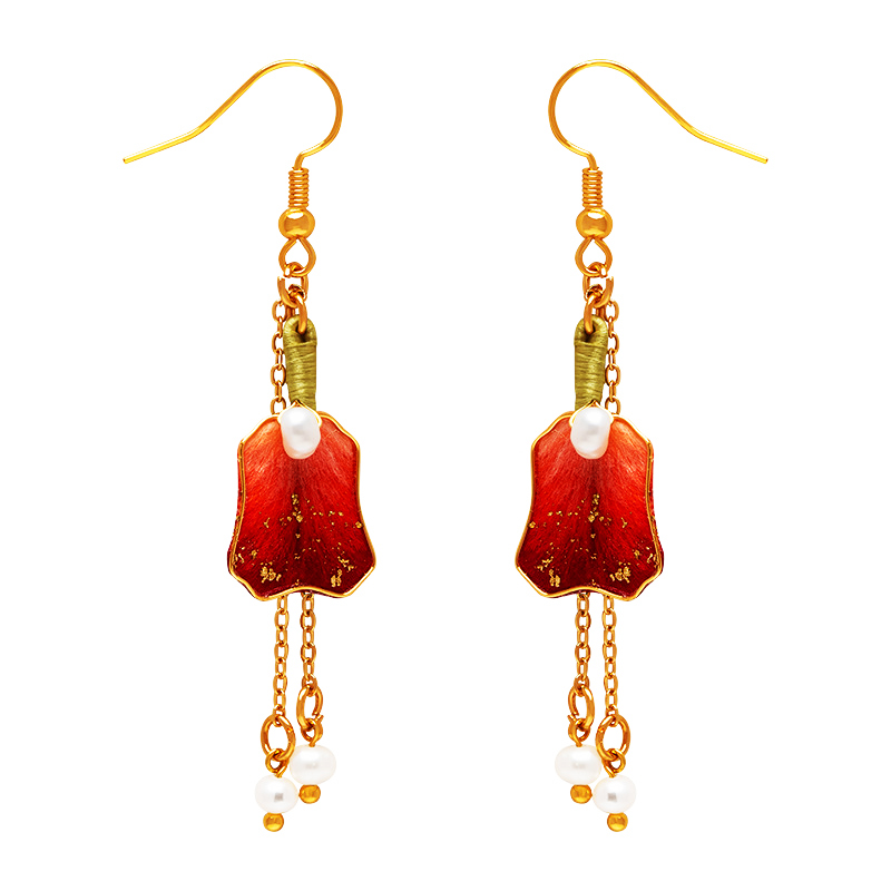 Original new Chinese style earrings, intangible cultural heritage velvet flower finished earrings, red high-end feeling cheongsam accessories, ancient style and classical temperament