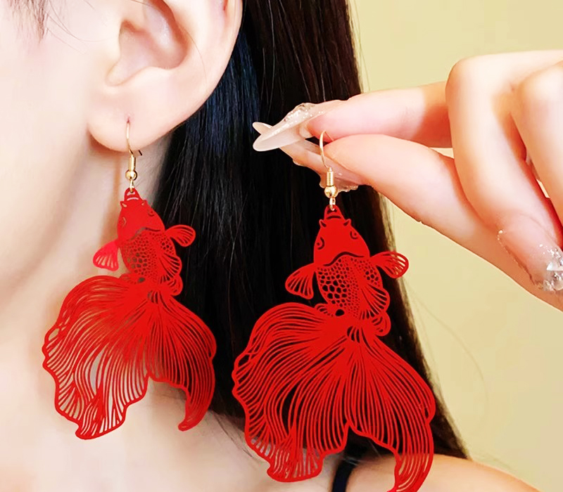 New Chinese China-Chic Red Koi Earhook Fashion Versatile Small Audience Earrings Personalized Design Sense Chinese Style Earrings Female