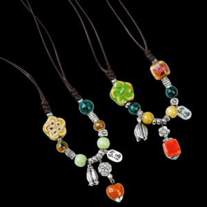 Ethnic style new Chinese ceramic necklace Jingdezhen porcelain bead sweater chain Na Fu pendant ancient style accessories